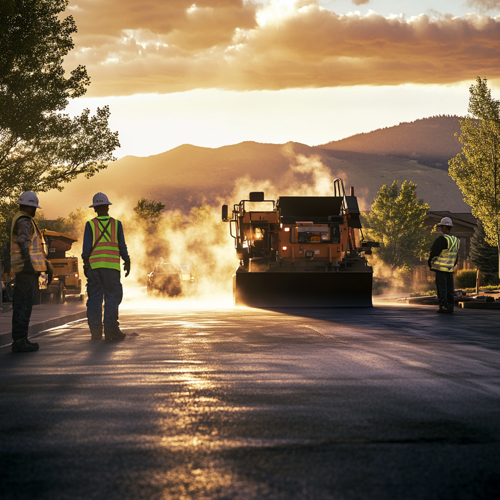Mesa County Paving crew working at golden hour with dramatic mountain backdrop in Grand Junction, Colorado